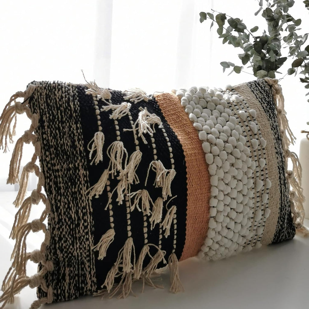 Decorative Boho-Chic Premium Pillow Cover 12x20 Handwoven Tufted Cotton Lumbar Accent Pillows, Neutral Earthly Color