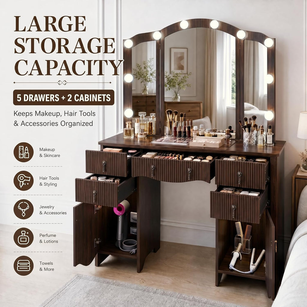 Vanity Desk with Mirror and Lights, Tri-Fold Fluted Makeup Vanity,Walnut | Power Outlet, Glass Top &,Wooden, Dressing