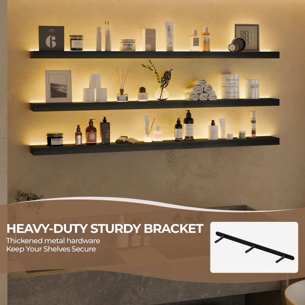 60 Inch Floating Shelves with Led Lights Set of 3, Black