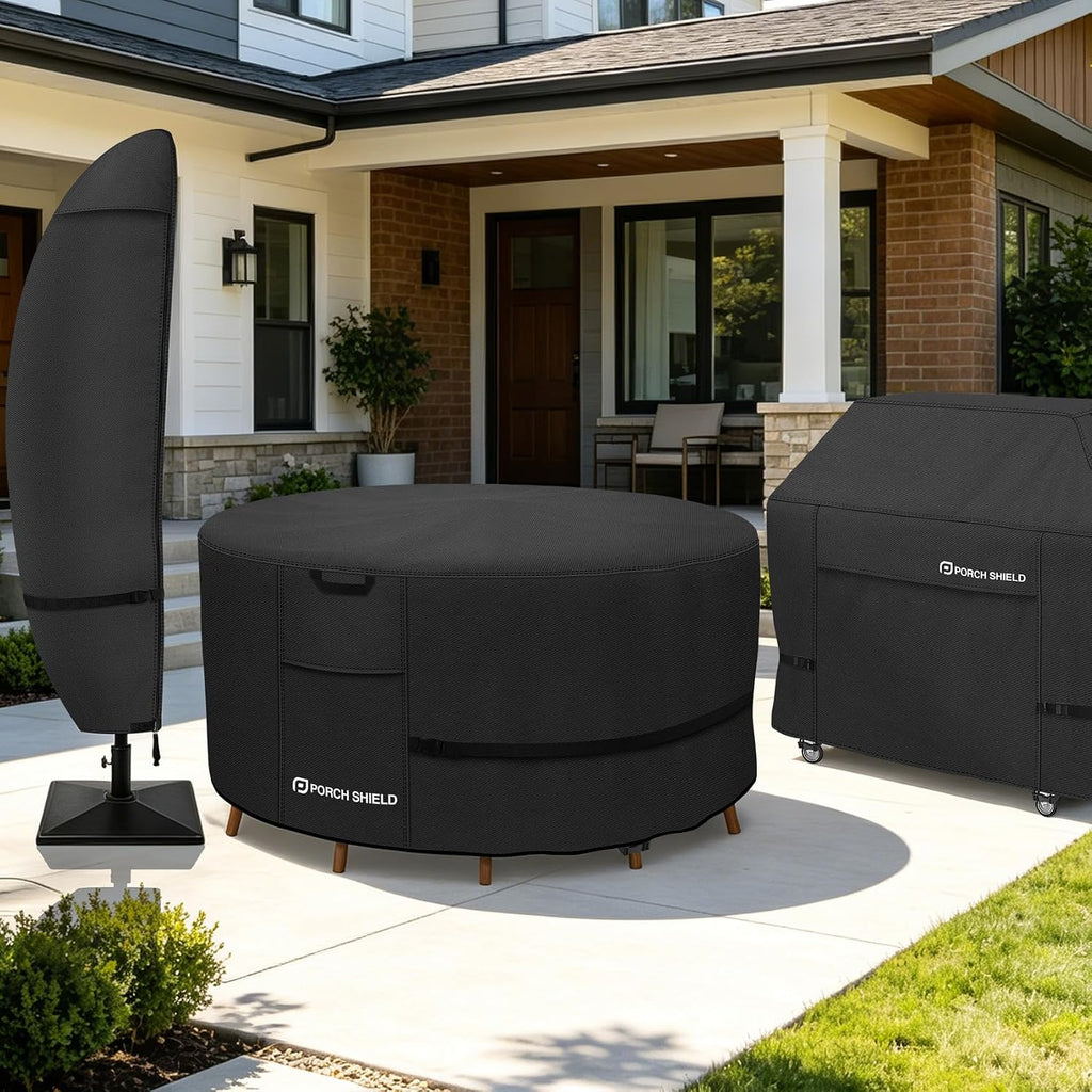 Waterproof 600D Round Patio Table Cover 84 inch, Black | Heavy Duty Polyester Fabric, Outdoor Table and Chairs Set