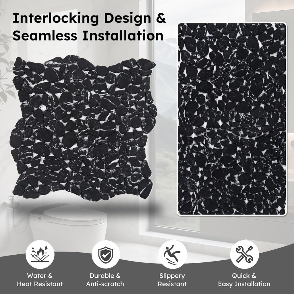 Pebble Tile for Shower Floor, Black Marble Veins Oval,Pebble Backsplash Bathroom Wall and Floor Tile