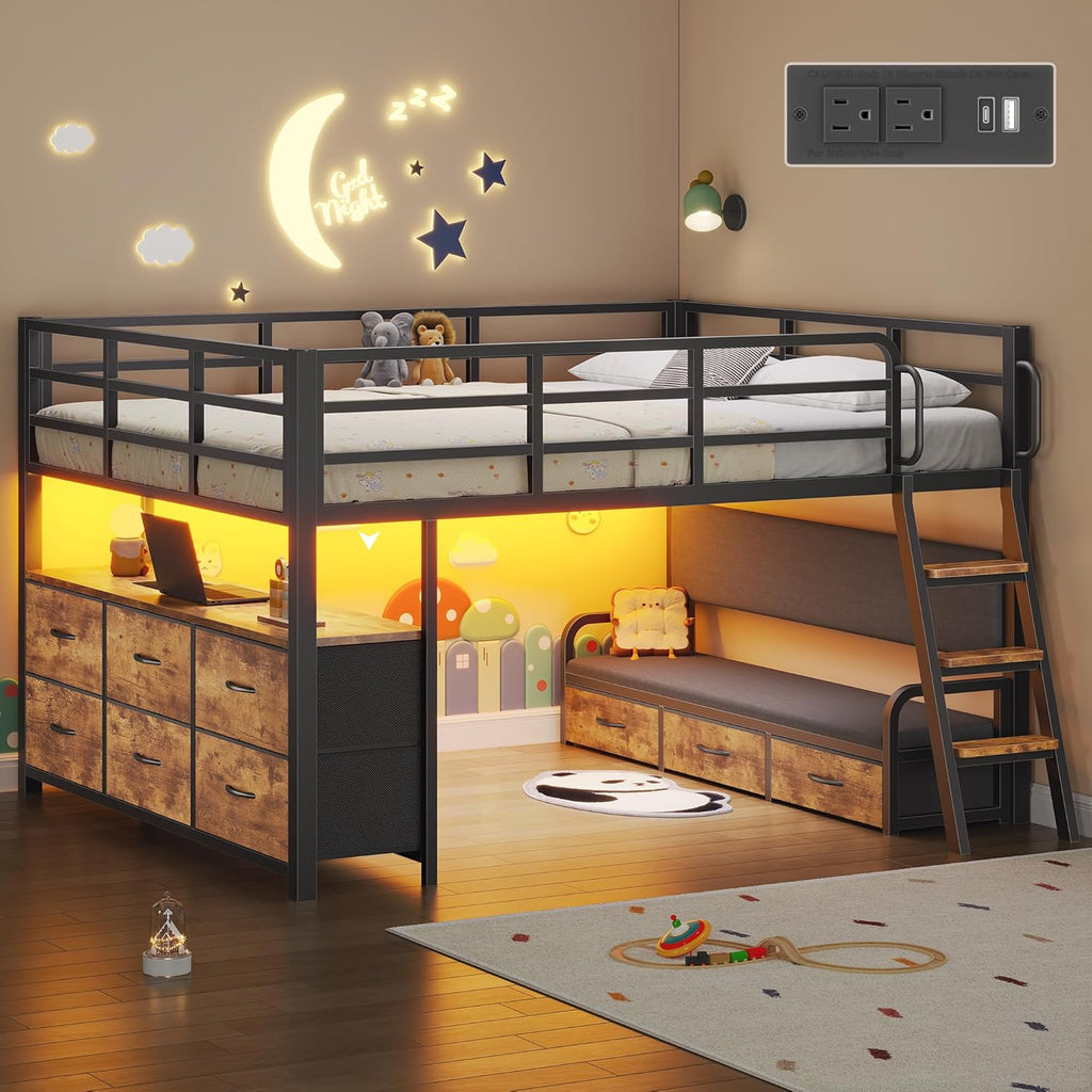 Full Low Loft Bed with Desk,Full Bed Frame with 9 Storage Drawers