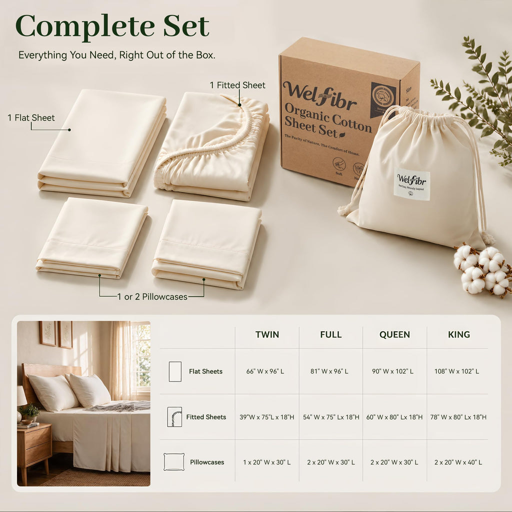 Organic Cotton Twin Sheet Set, Bed Sheets, 18" Deep Pocket Ivory