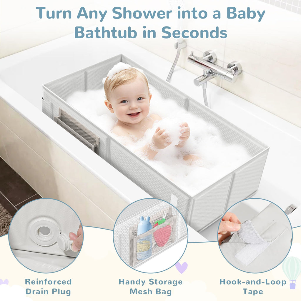 Collapsible Baby Bathtub, Foldable Toddler Bath Tub with Chick Pattern Bath Rinse Cup, No Assembly Portable Travel