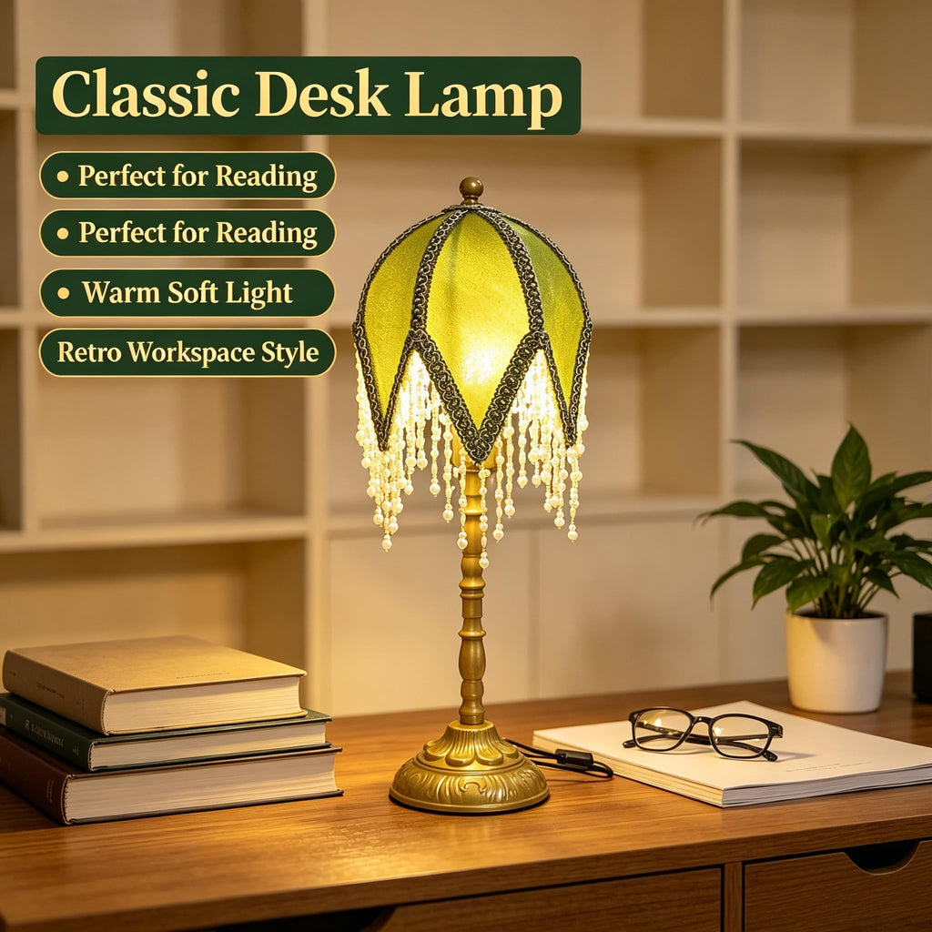 Vintage Tasselled Table Lamp with Beaded Shade, Green and Gold