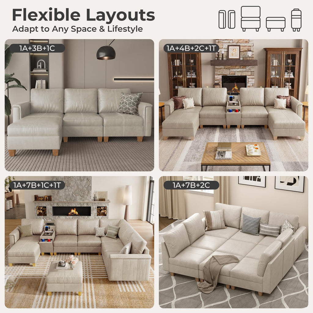 Faux Leather Sectional Sofa, 7 Seater V-Shaped Couch, Greige