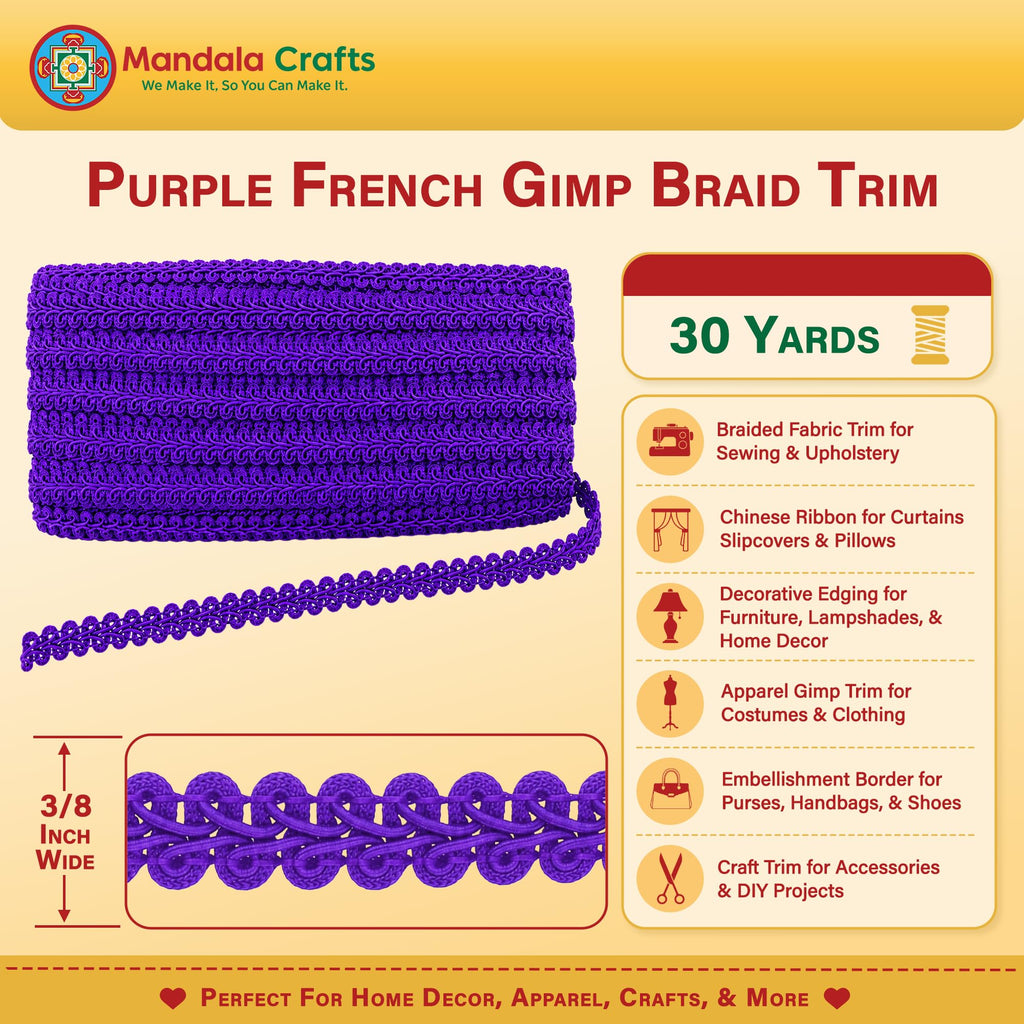 Purple French Gimp Braid Trim for Sewing Upholstery, 30 YDs