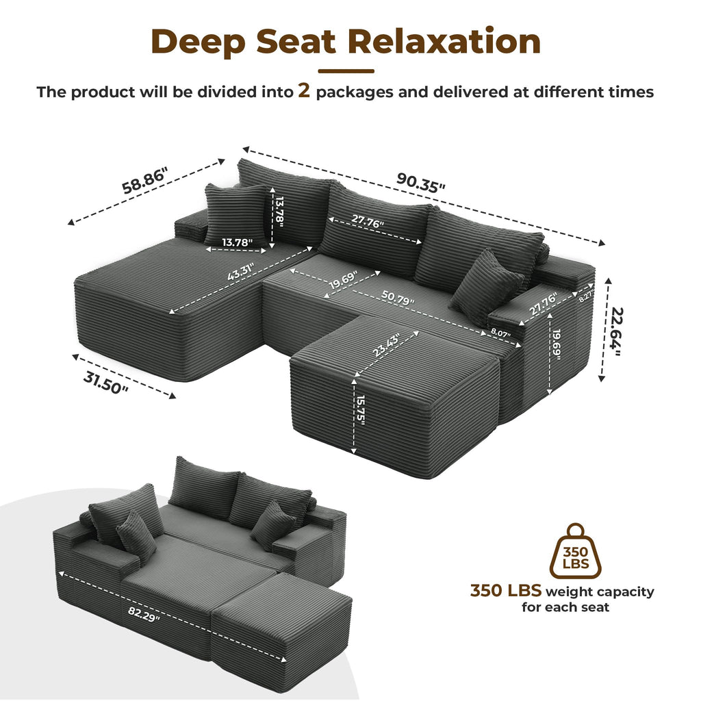 Boneless Sectional Couch, U Shaped Couches, Gray