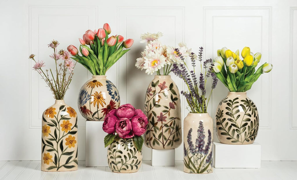 Collection Medium Frond Round Vase | Hand-Painted Botanical, Waterproof Glaze, For Fresh & Faux Florals, Stoneware