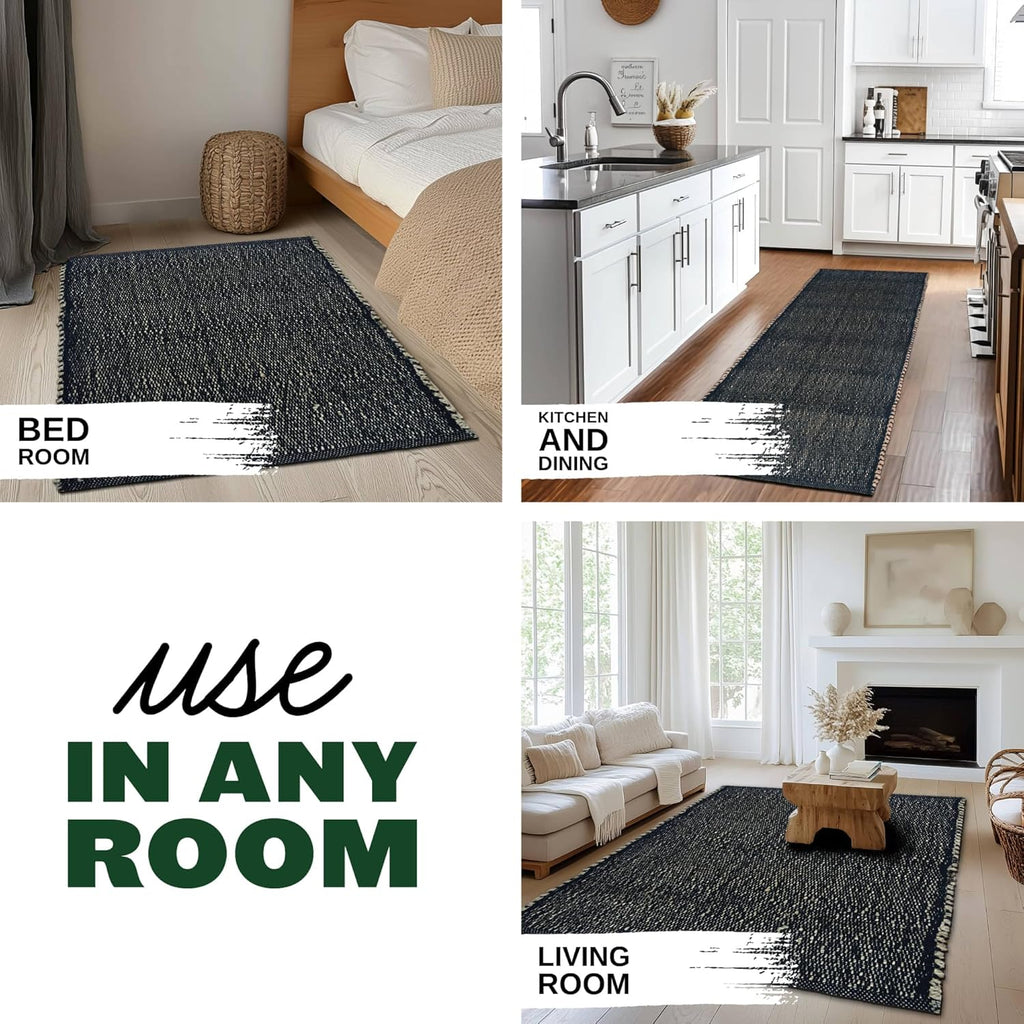 Black 2X3 Jute Rug Braided Construction - Farmhouse Woven Carpet - Mid-Century Modern Floor Covering