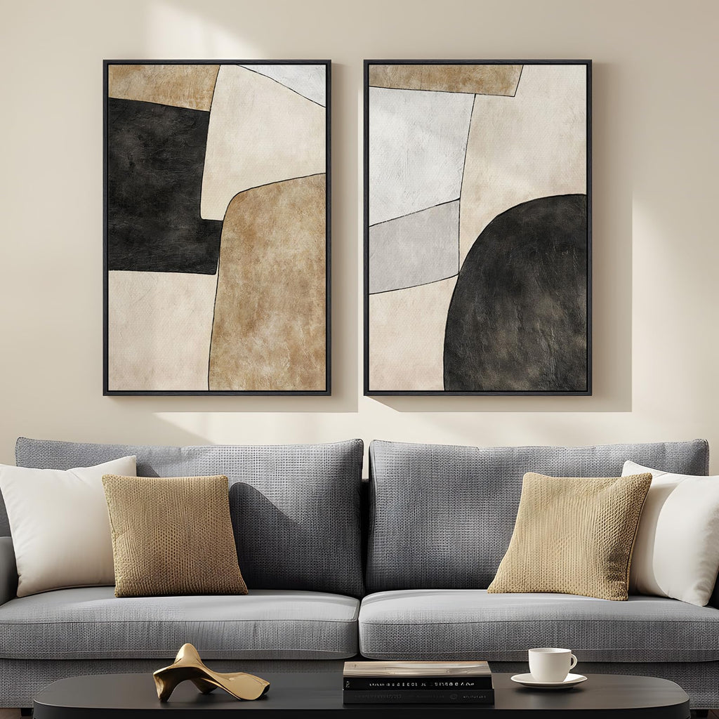 Framed Beige Black Mid century Abstract Wall Art, 24x36 In