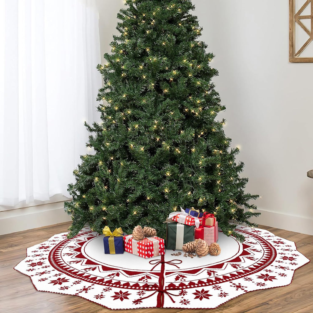 Christmas Tree Skirt 60 Inches, Double-Sided Knit Red Snowflake Xmas Decor