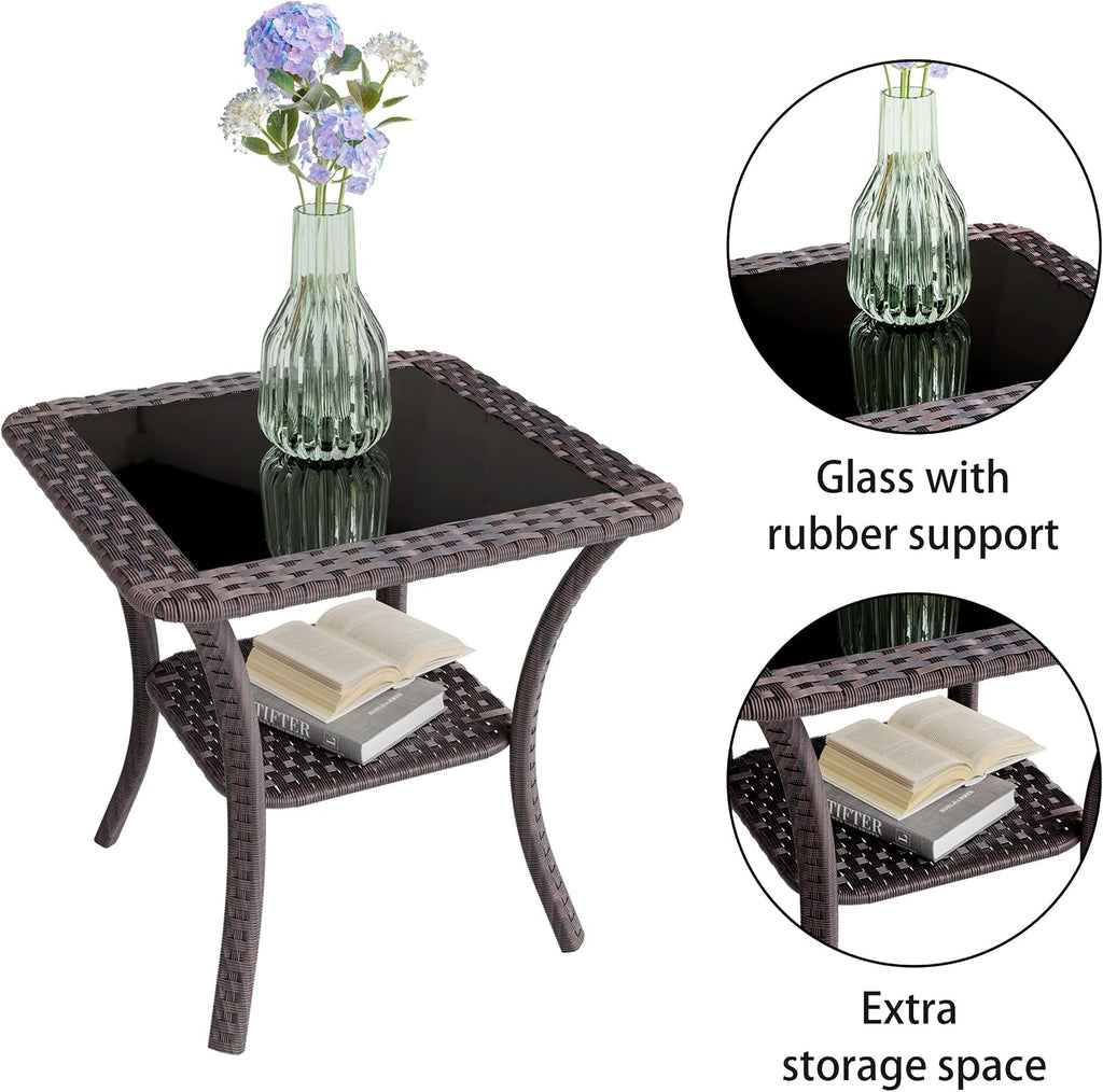 3 Piece Wicker Swivel Rocking Chair Set, Outdoor Patio Glider Chair with Glass Top Coffee Table, Conversation