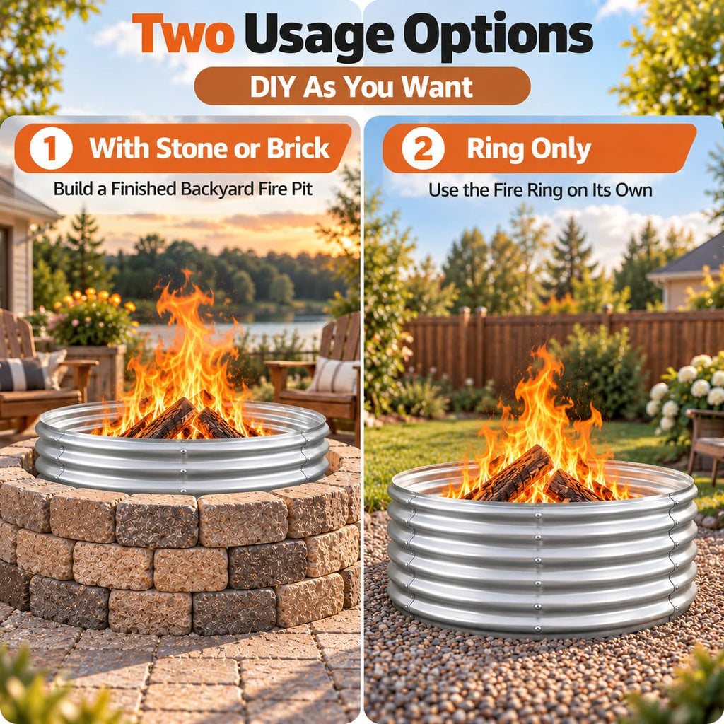 17" Tall Fire Pit Ring for Outside, Large & Safe Wood Burning Fire Pits with High Wall Design, Heavy Duty Galvanized
