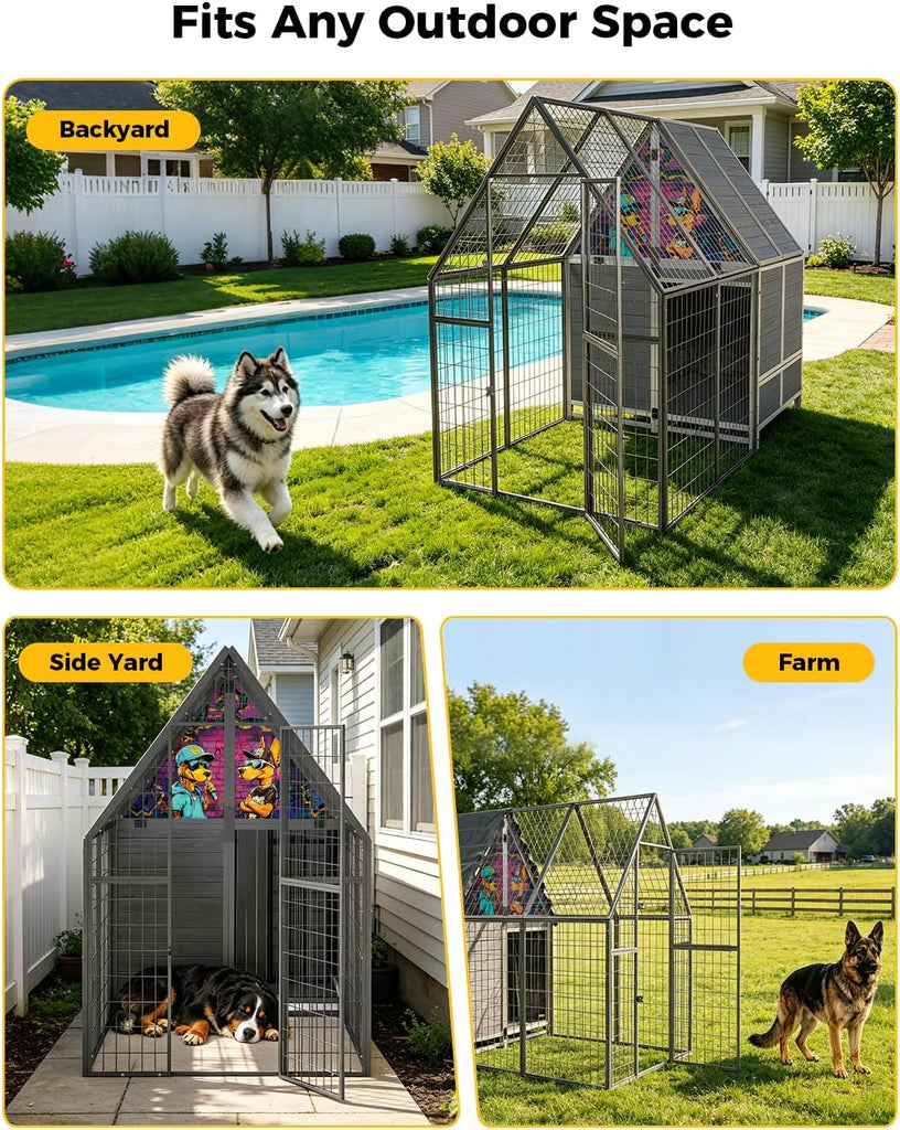 87" Heavy Duty Metal Dog Run Enclosure, with Waterproof Roof Wooden Dog House