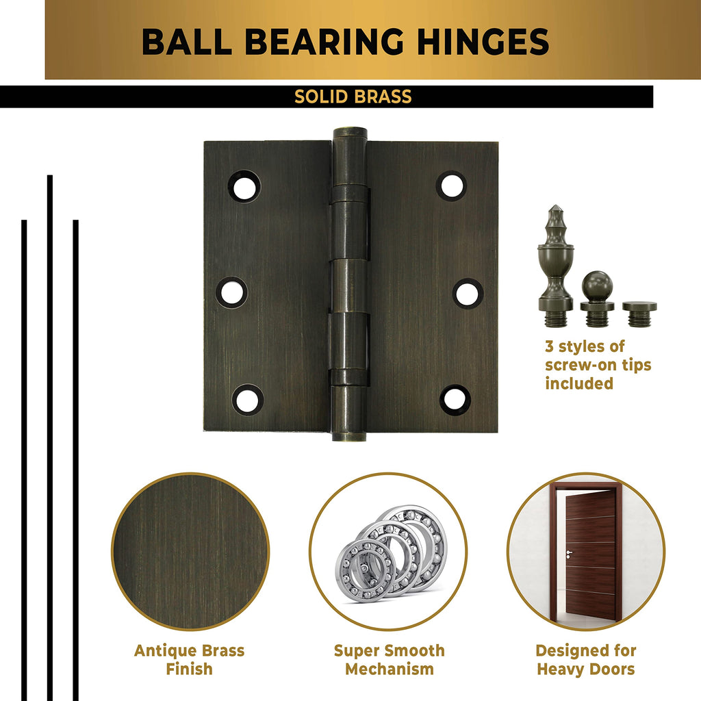 Solid Brass Door Hinge Heavy Duty Ball Bearing 3x3 Inch with Decorative Screw-on Tips Included - Set of 4 Hinges