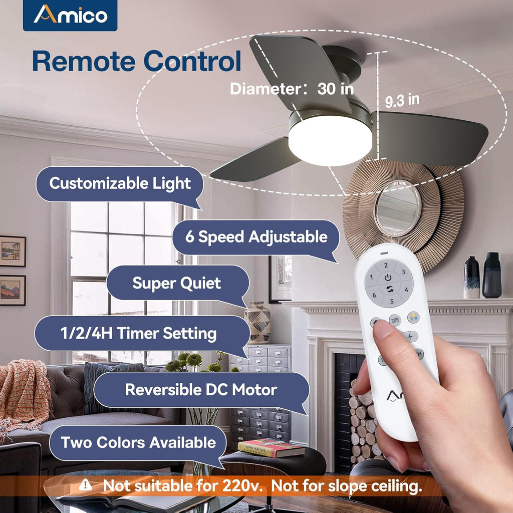 Ceiling Fans with Lights, 30 inch Low Profile Ceiling Fan with Light and Remote Control, Flush Mount, Reversible, 3CCT, Dimmable, Noiseless, Black Ceiling Fan for Bedroom, Indoor/Outdoor Use A102-B0C61K8BCF