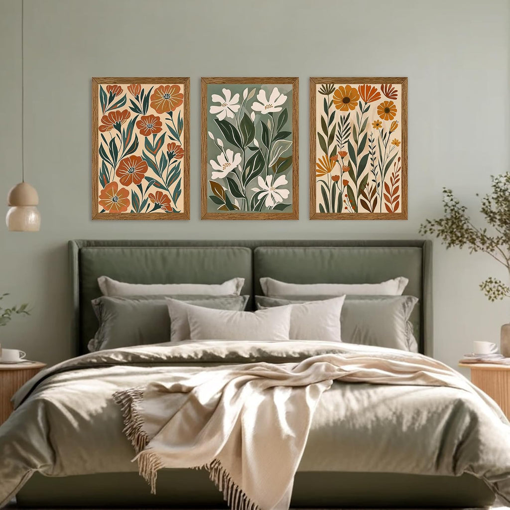 3 Pieces Flower Market Canvas Wall Art, Green Beige Abstract Boho Floral Wall Decor, Minimalist Colorful Botanica Art