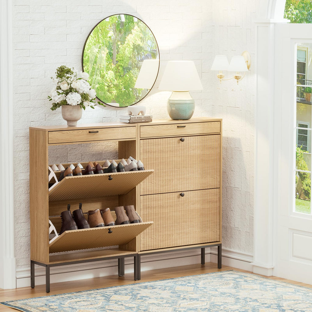 Shoe Cabinet with Fluted Panel Doors, Modern 2 Flip Drawer Entryway Shoe Organizer, Hidden Shoe Rack with Small