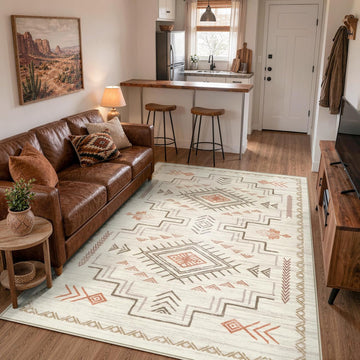 Washable Area Rug, Beige Western Aztec Tribal Moroccan Area Rug, Boys Neutral Rug, Soft Non-Slip Non-Shedding
