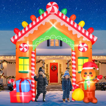 9FT Christmas Inflatable Archway Outdoor Decorations, Blow Up Gingerbread House Arch Yard Decoration with Colorful