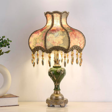 Victorian Style Table Lamp with Fabric Lampshade Beaded Fringe, Green