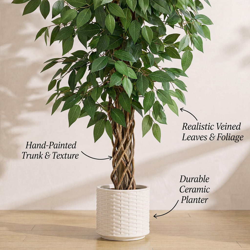 Artificial Ficus Tree:7FT Tall Faux Silk Floor Plant (White Planter)