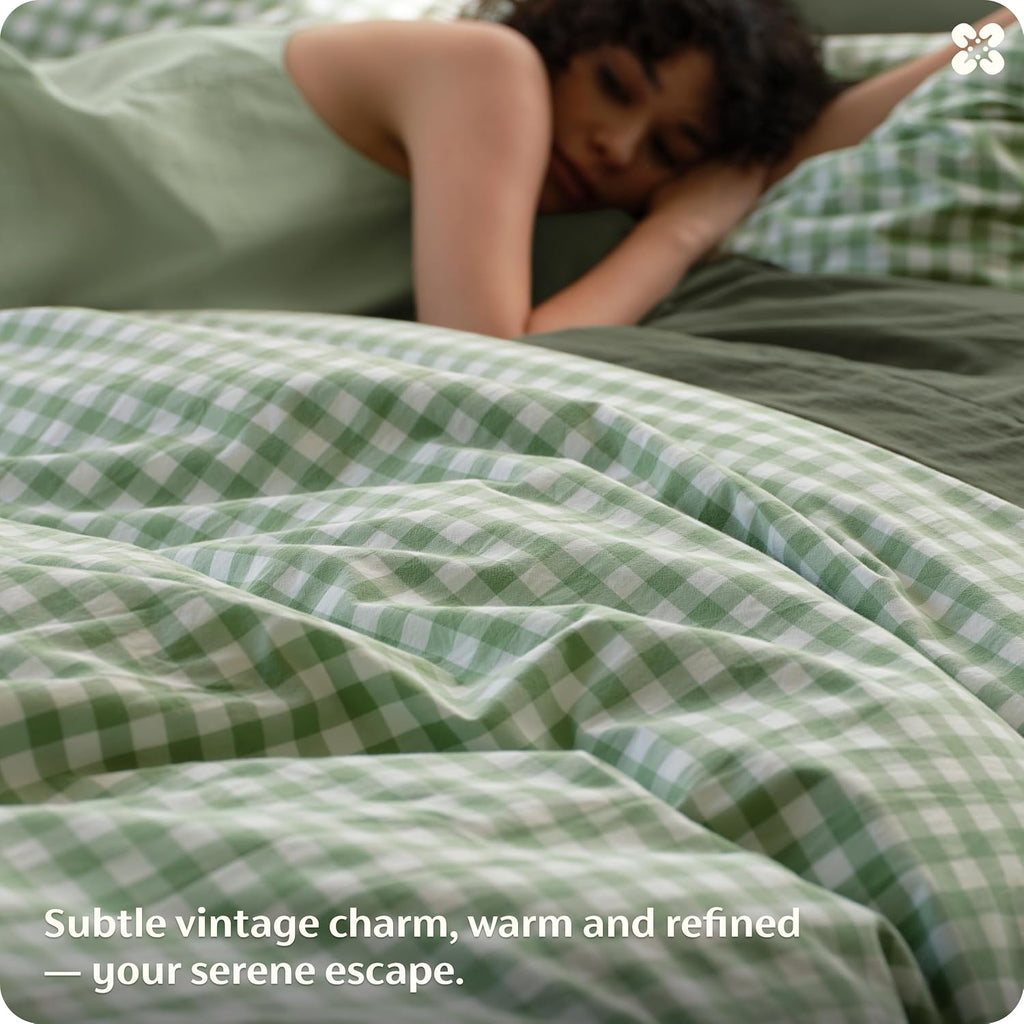 Gingham Duvet Cover Queen, 100% Washed Cotton Duvet Cover Linen‑Like, PureWoven with Reversible Yarn‑Dyed Design & Double‑Stitch Craft, 3-Piece with Zipper, Gingham Willow Green, 90"x90"