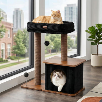 29" Small Cat Tree, Boho Wood Cat Tower with Sisal Scratching Post