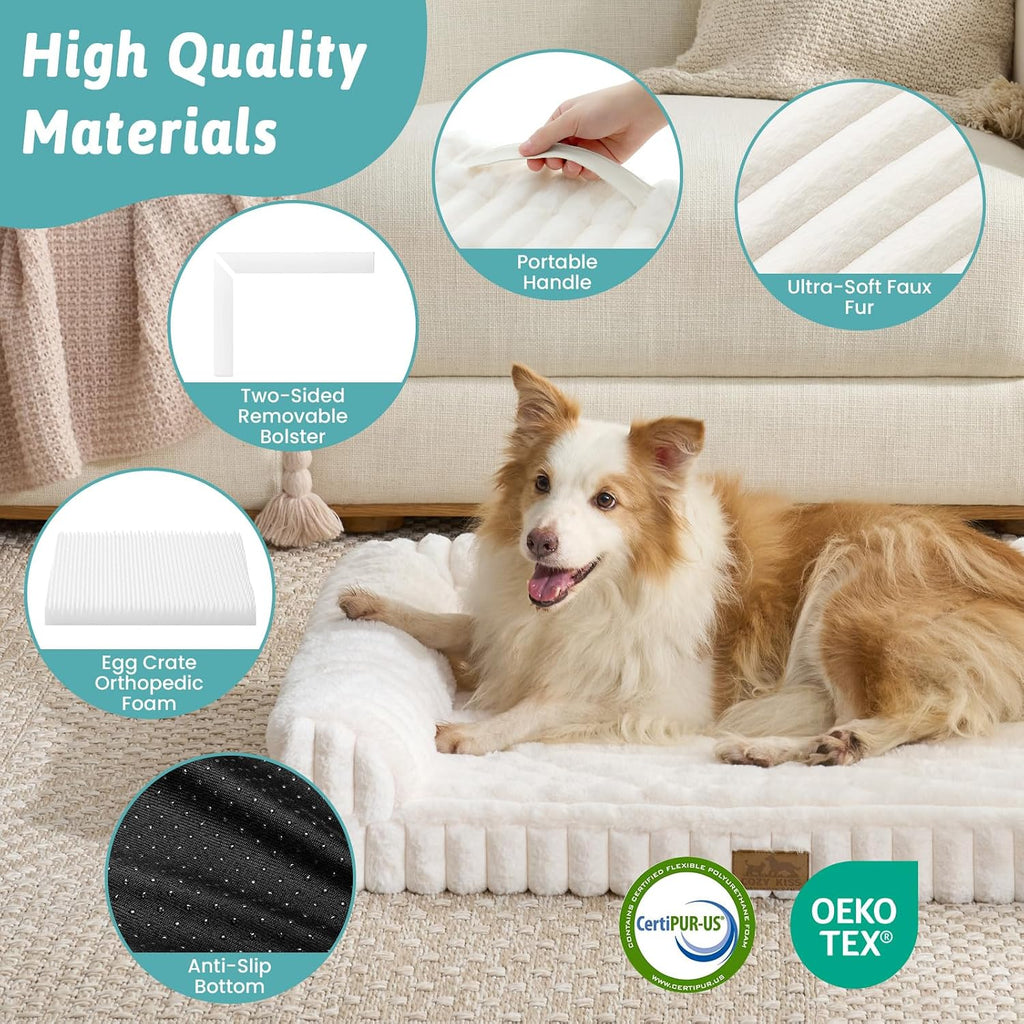 Faux Rabbit Fur Large Dog Bed - Orthopedic Foam Couch with Sides, Removable Washable Cover & Waterproof