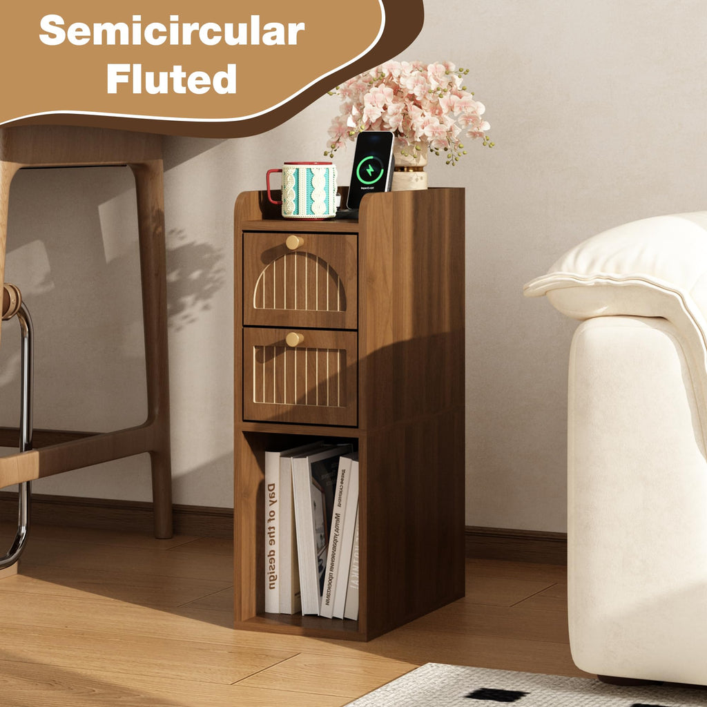7.87" Narrow Nightstand, Fluted Slim Bedside Table with 2 Drawers, Mid Century Modern Small End Table with Gold Metal