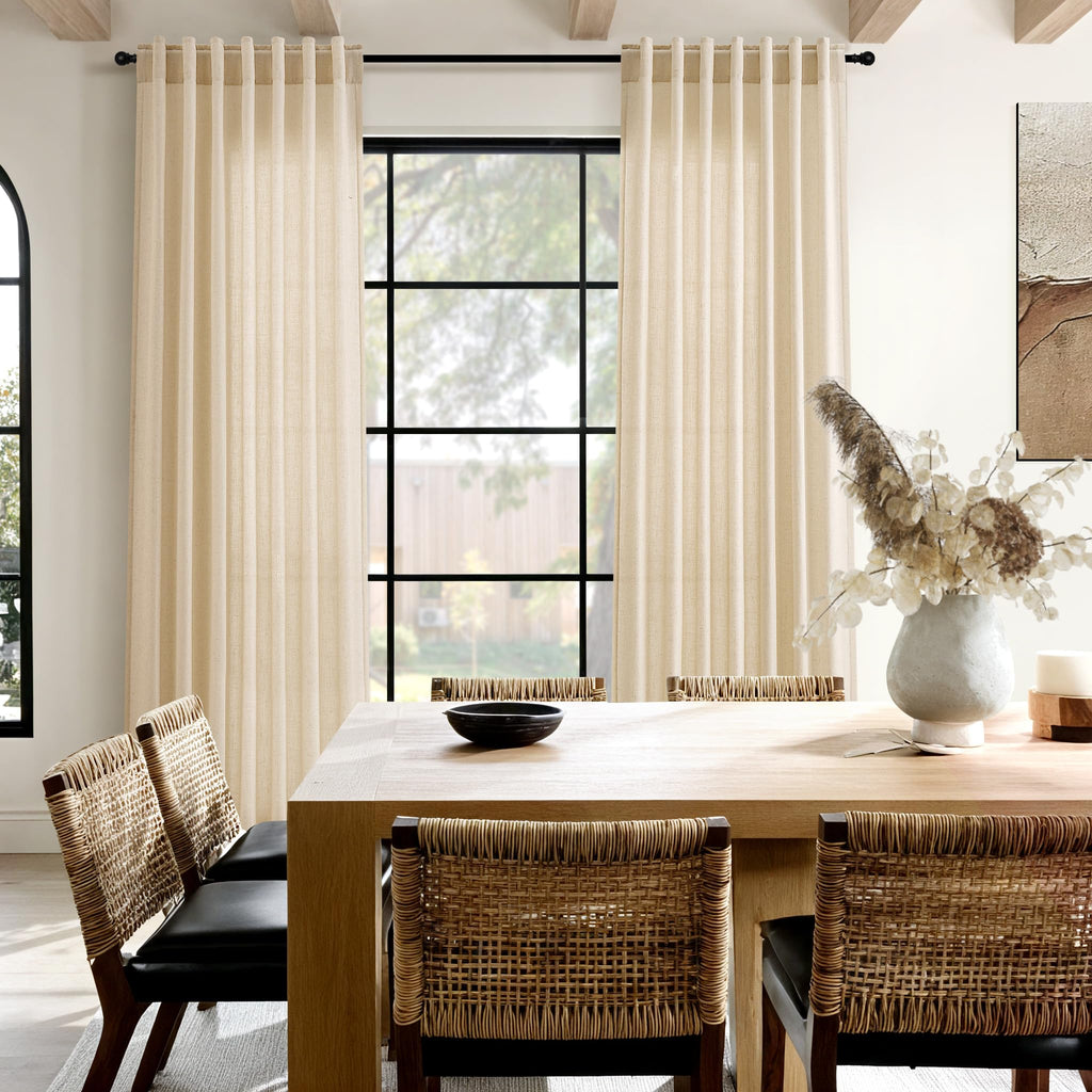 Extra Long Curtain 108 Inches Long Set Back Tab Tan Linen Drapes Neutral Farmhouse Light Filtering Semi Sheer Linen