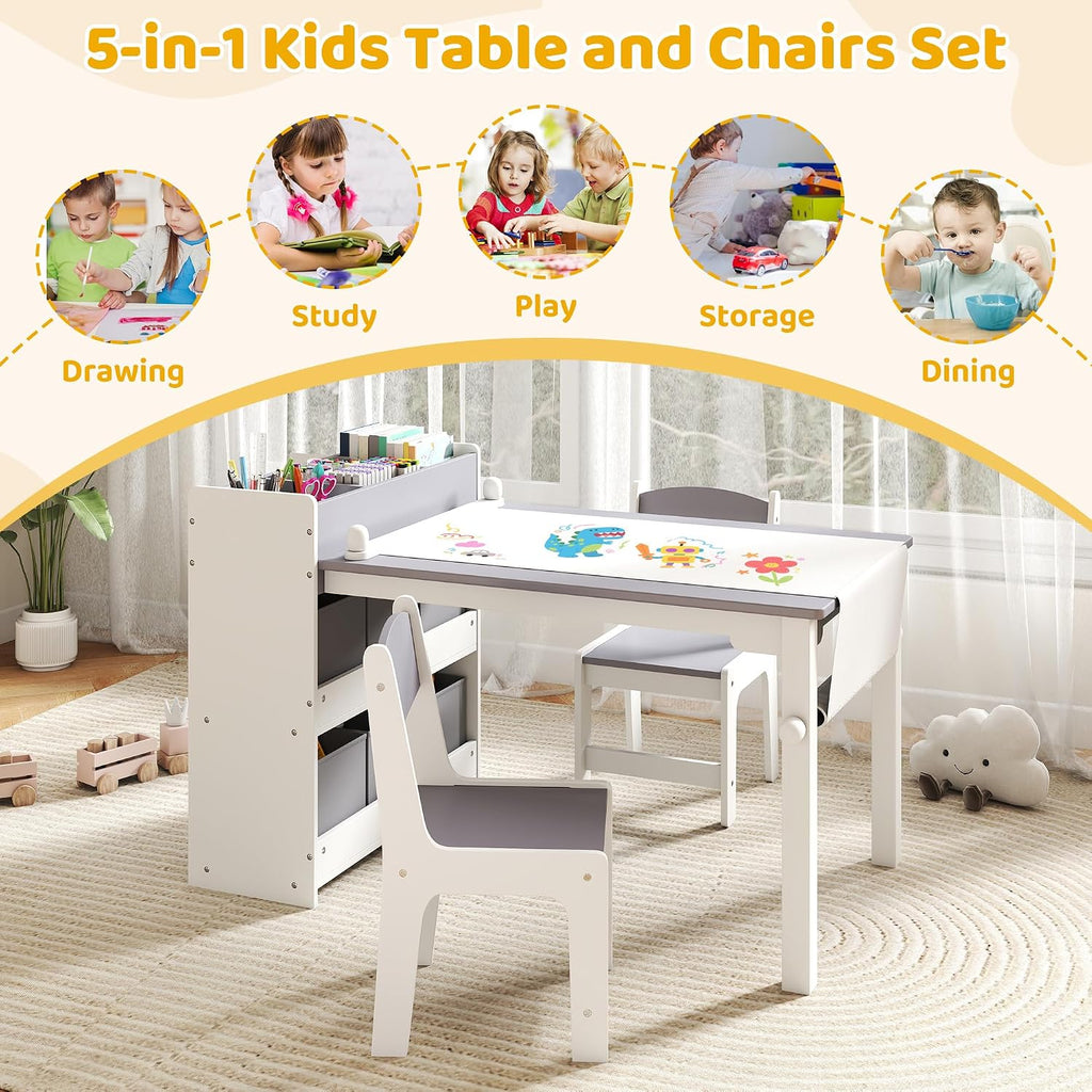 Kids Art Table & Chair Set, Wood w/Storage & Paper Roll, Grey