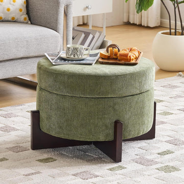 26Inch Round Storage Ottoman, Modern Chenille Upholstered Ottoman with Storage, Ottoman Coffee Table with Removable