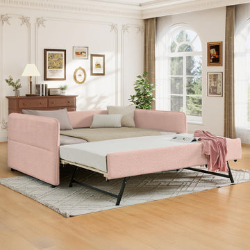 Full Size Daybed, Upholstered Boucle Fabric Day Bed Frame with Twin Roll-Out Trundle and Wood Slats Support, No Box