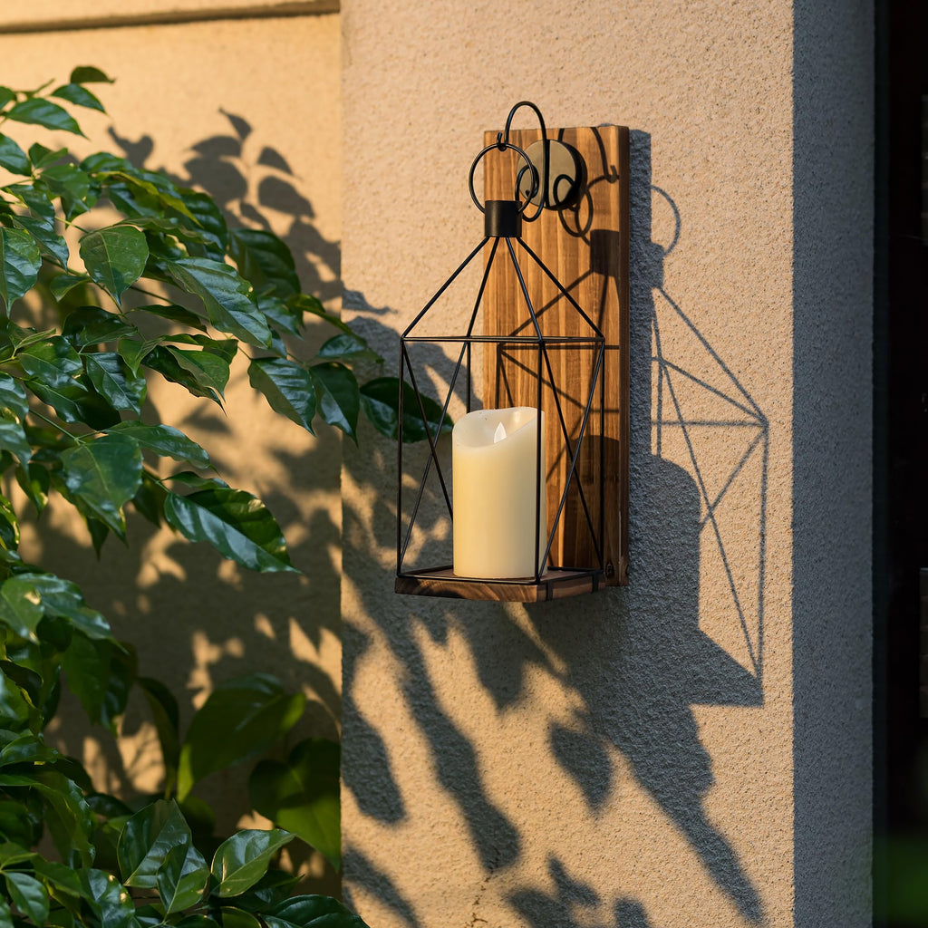 Wood Wall Candle Sconce with Black Lantern, Set of 2 Home Decor