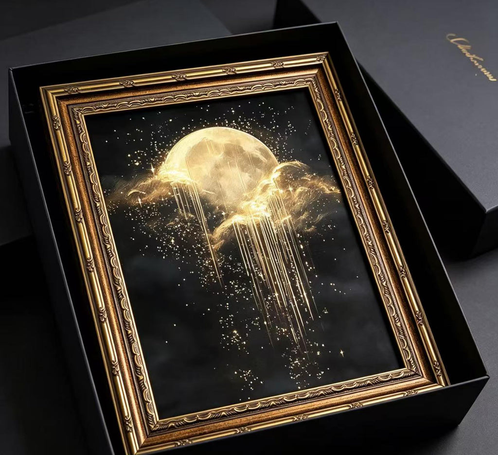 Vintage Gold Framed Moon Cloud Wall Art, Dark Academia Sky Canvas Print