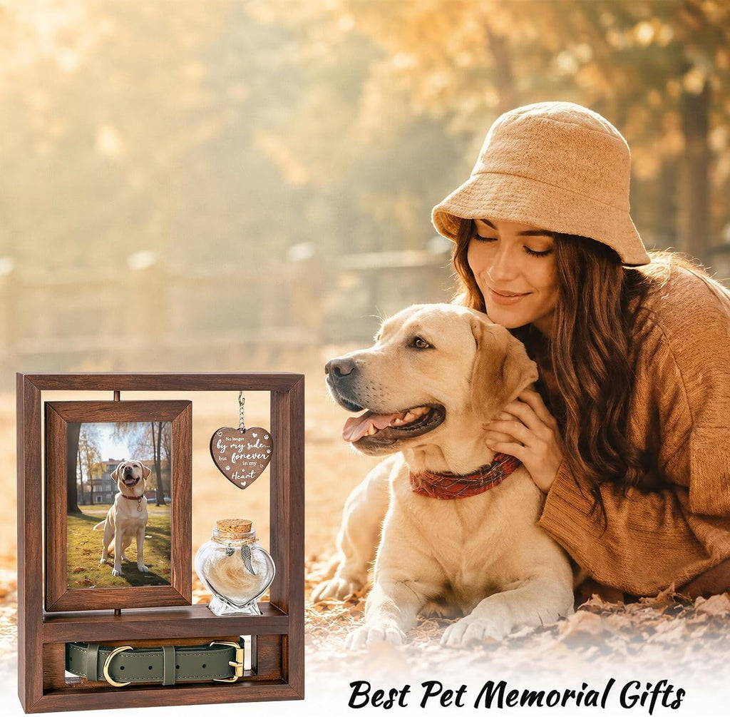3 in 1 Dog Memorial Frame, Rotating Wood Frame with Fur Jar