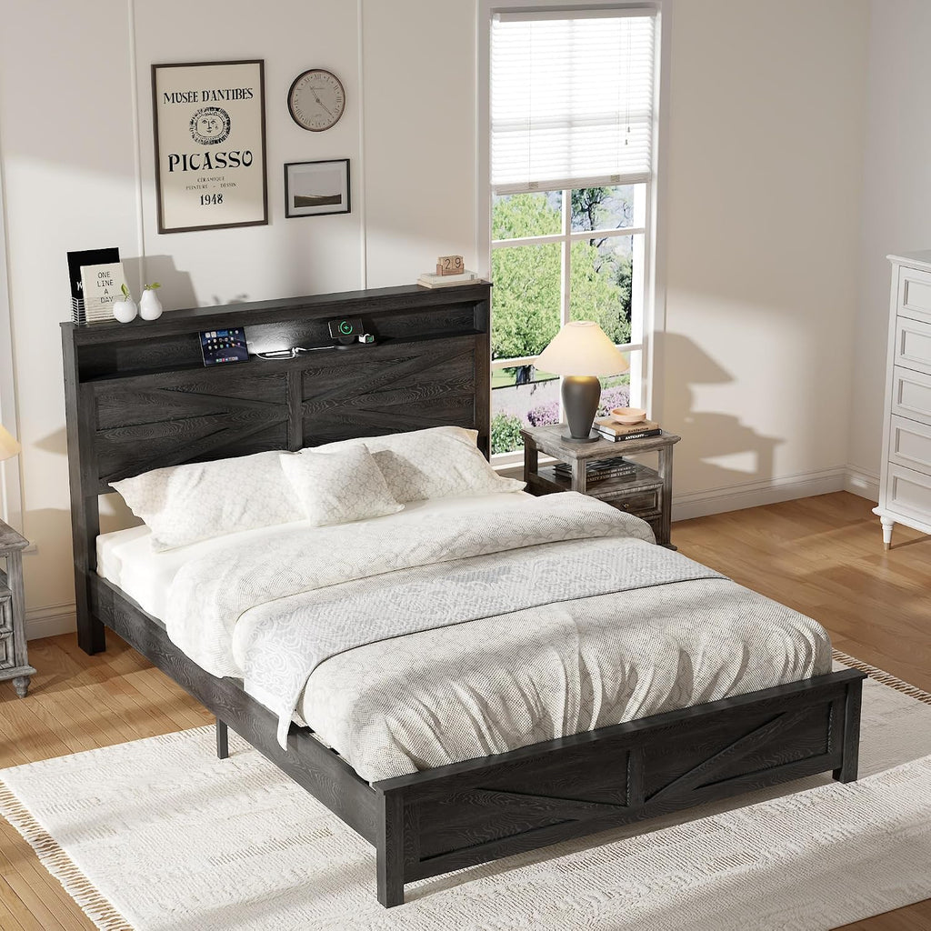 Farmhouse Wooden Bed Frame Queen with Storage Headboard, Boho Platform Bedframe with LED Lights and Charging Station