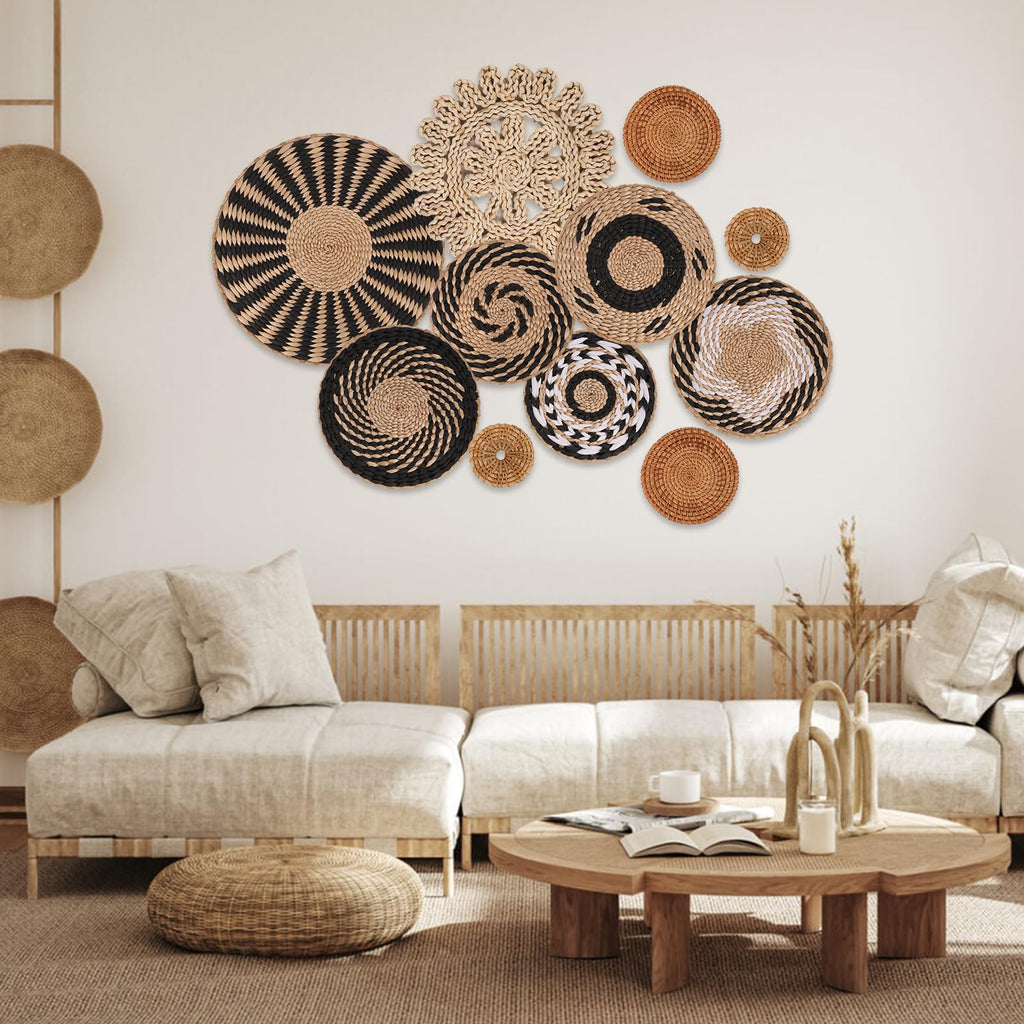 Boho Wall Basket Decor Set of 11 - Hanging Woven Bulrush Basket Wall Decor, Handcrafted Round Flat Baskets Wall Art