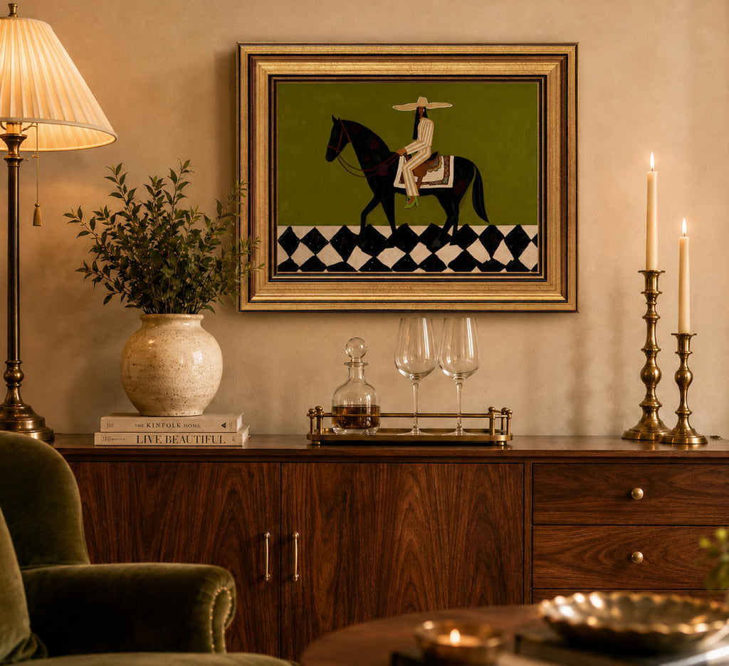 Vintage Gold Framed Western Cowgirl Horse Riding Canvas Wall Art 12x16in