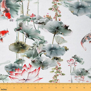 Koi Upholstery Fabric for Chairs, Fish Lotus Flower Fabric By The Yard, Japanese Cherry Blossom Decorative for