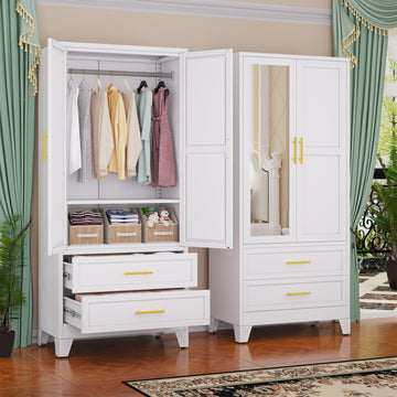 Steel Armoire Wardrobe Closet with Mirror and 2 Drawers 71" White