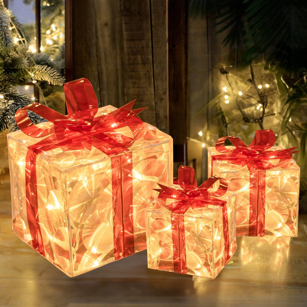 Set of 3 Christmas Lighted Gift Boxes, Pre-lit 60 LED Light Up Present Boxes Ornament Decorations with Ribbons for