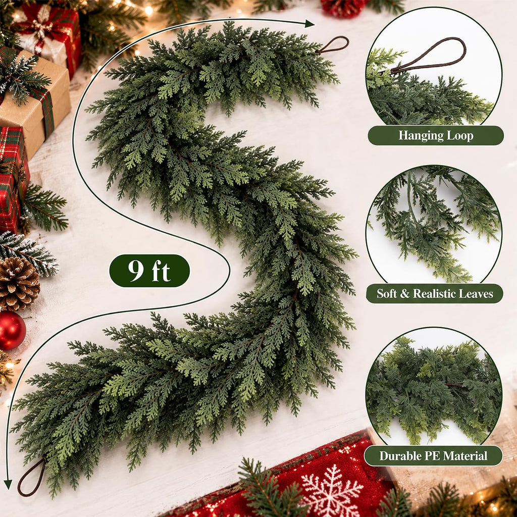 9 Ft Christmas Cedar Garland, Real Touch Faux Pine for Mantle & Fireplace