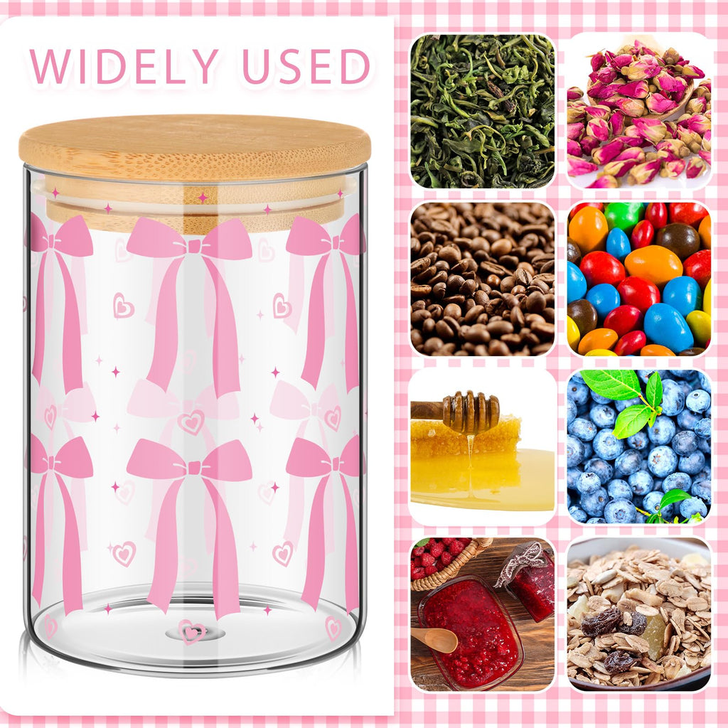 6 Pcs Valentines Day Pink Bow Glass Storage Jars with Airtight Lid 19 oz Pink Bow Decorative Canisters Sets Sugar