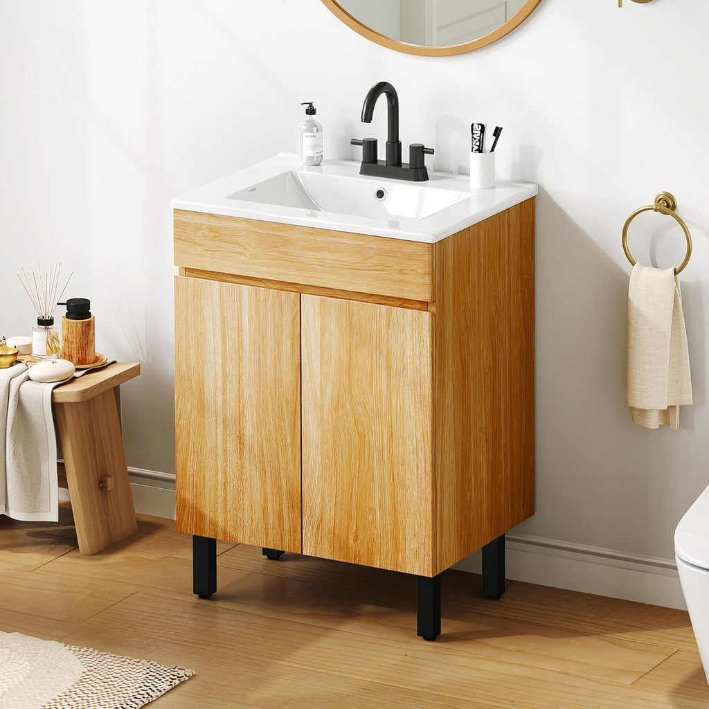 24-Inch Modern Bathroom Vanity with Undermount Ceramic Sink – Natural Brown Cabinet with Adjustable Legs, Soft-Close Double Doors & Drain