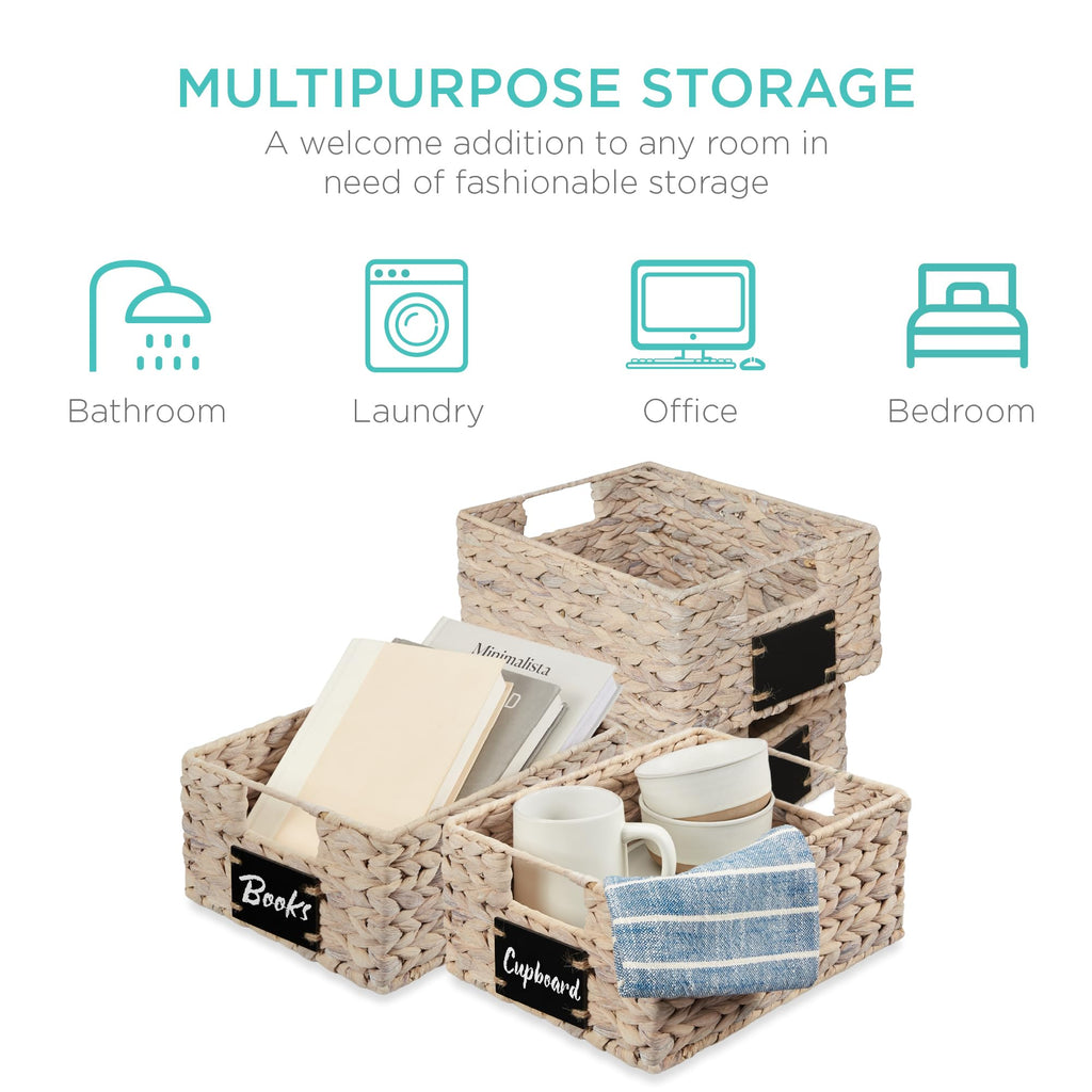 Set of 4 9x12in Water Hyacinth Pantry Baskets, Woven Organizers w/Chalkboard Label, Chalk Marker - White