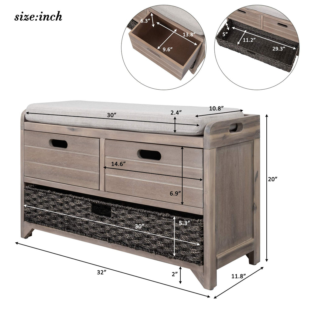 Farmhouse Storage Bench with 2 Drawers, Removable Cushion and Wicker Basket, Bedroom Living Room Bench for Small
