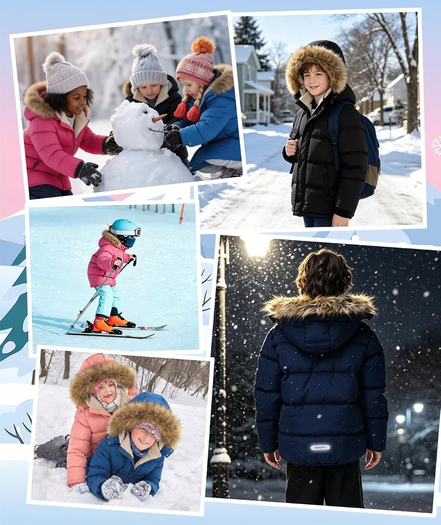 Boys Girls Winter Puffer Jacket Water Resistant Hooded Coat